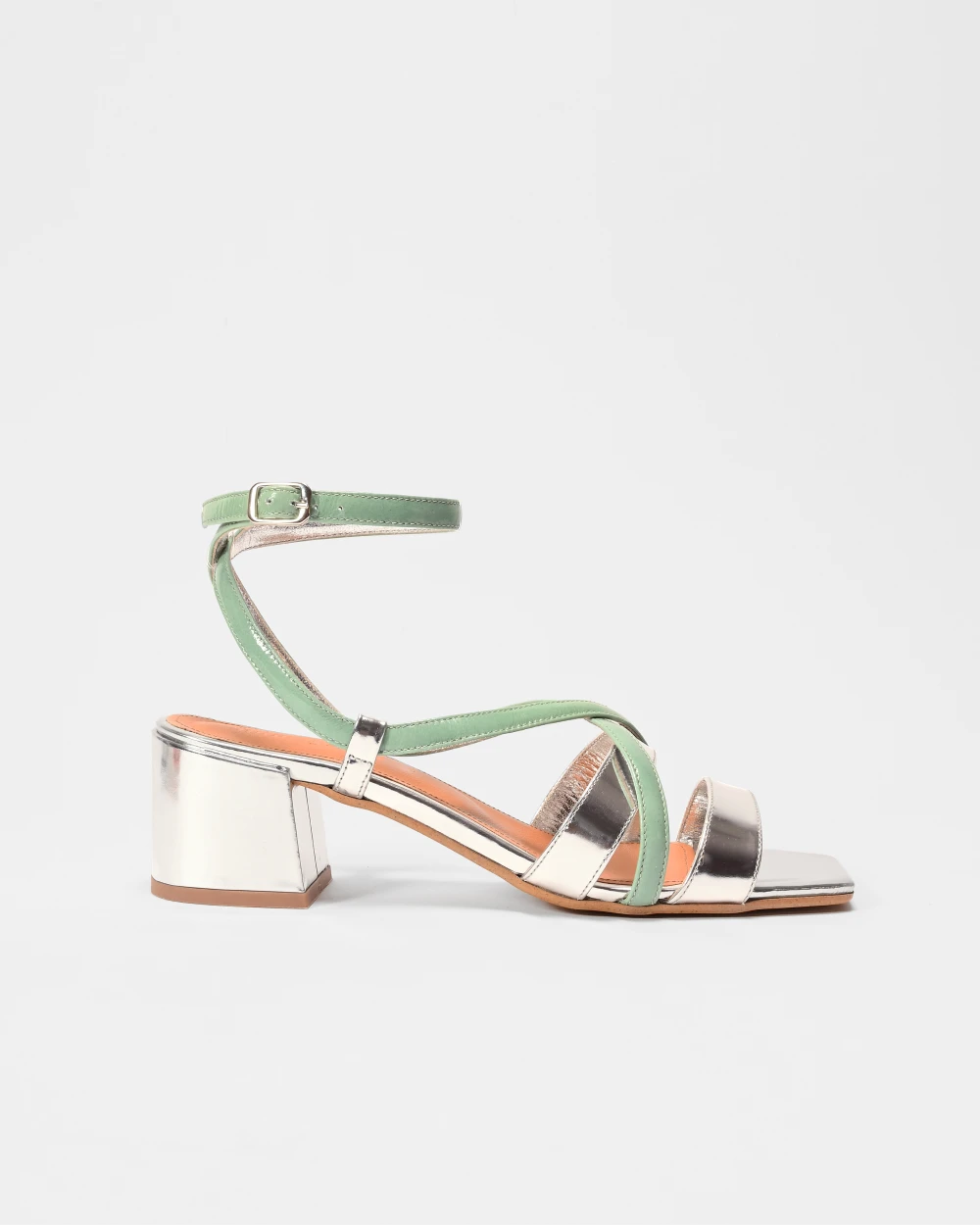 Sandales bride cheville cuir argent et vert d'eau