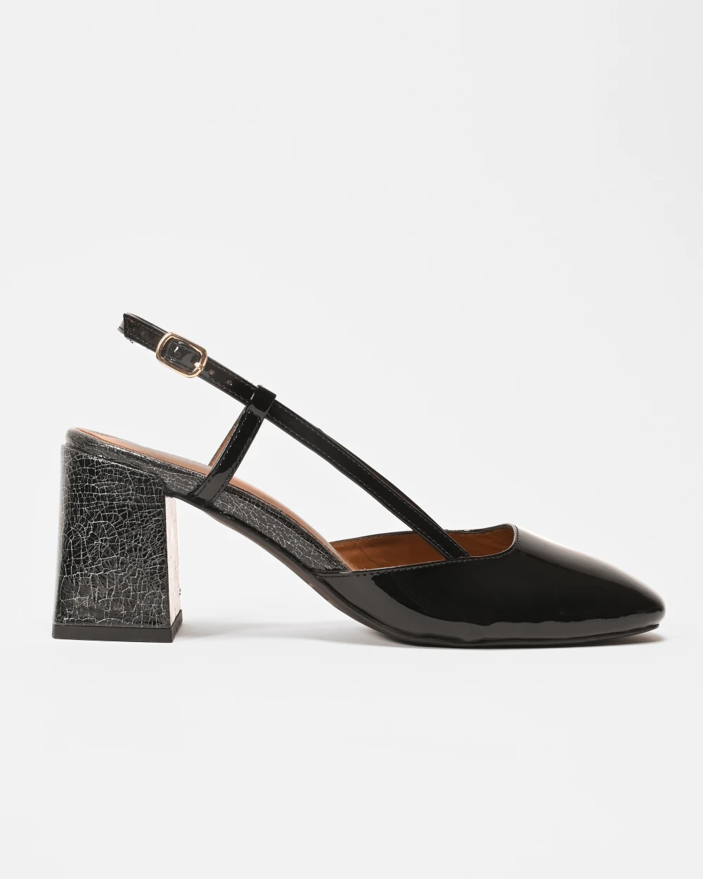 FERNANDO slingbacks à talon pour femme avec une bride réglable. En cuir vernis noir, un style intemporel, élégant et retro