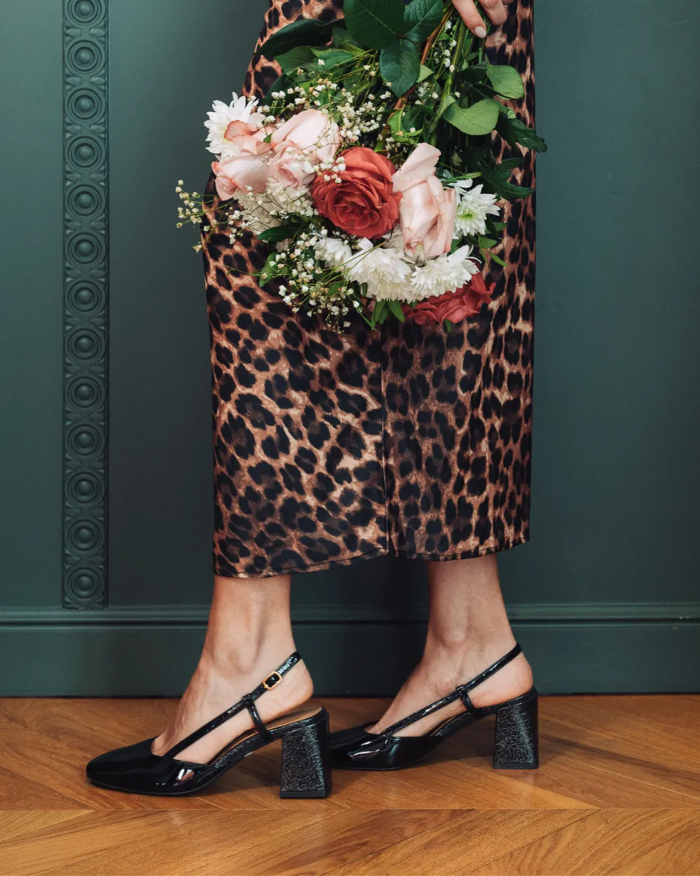 Slingbacks escarpins - cuir noir vernis et imprimé