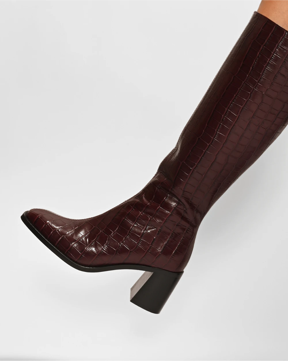 CROC EMBOSSED BURGUNDY RED LEATHER BOOTS